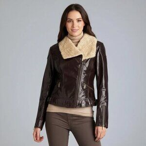 Laundry by Shelli Segal Leather Bomber Jacket Medium Chocolate Brown Classic
